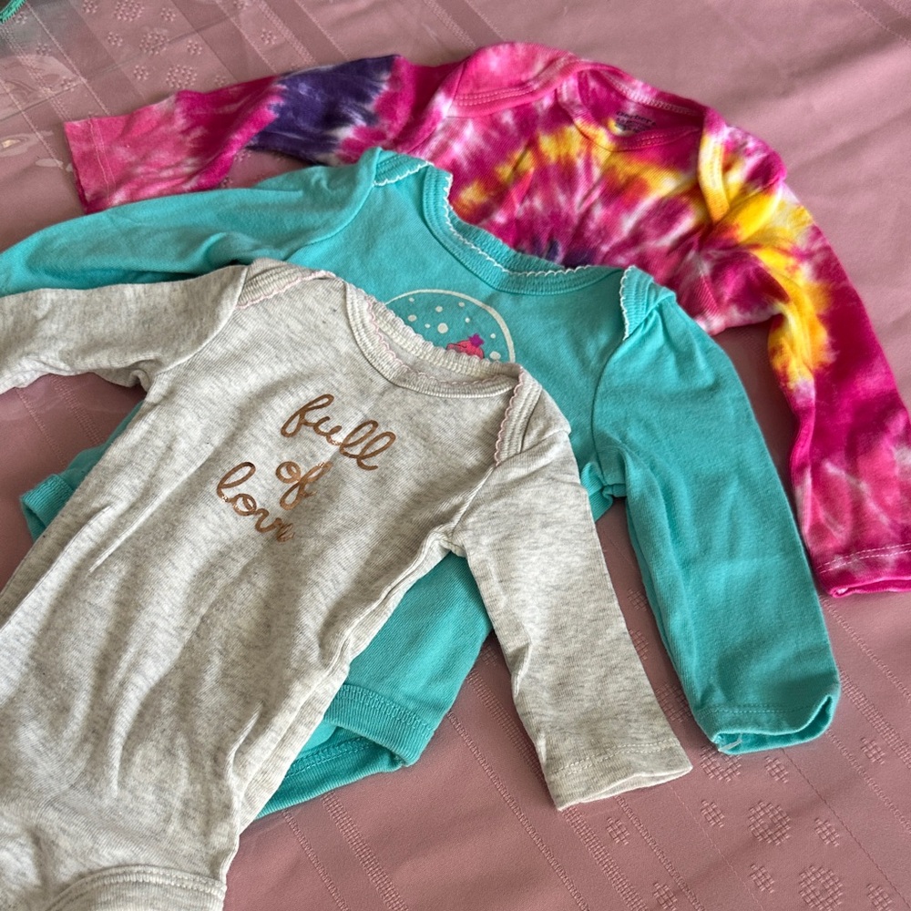 Little girl onesies assorted brands, set of three newborn to three months